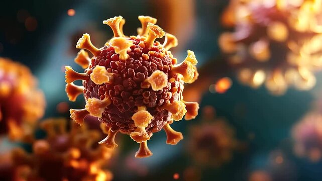 Macro 3D render close up of a single vivid virus particle in extraordinary photorealistic scientific illustration style fine surface protein spike structures in precise detail