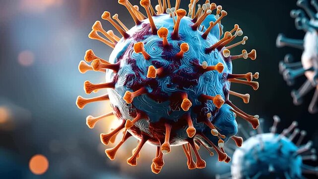 Abstract 3D render of a drug resistant bacterial strain in vivid scientific illustration style the bacterium's surface structures and membrane detail rendered in extraordinary