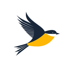 Fototapeta premium Stylized bird flying with wings spread, yellow and dark blue colors, simple graphic design, concept of freedom, nature, and movement