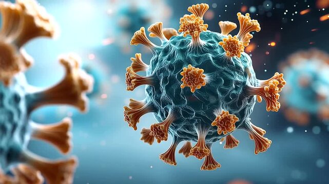 Abstract 3D render of a virus in vivid dynamic motion protein surface spikes in extraordinary structural detail the particle rendered against a clean bright background with