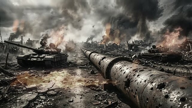 landscape post apocalyptic after war illustration on oil industrial zone with broken damaged pipeline and tank machine. industrial concept loop video scene background 