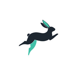 Naklejka premium Black rabbit jumping with teal accents, symbolizing speed, agility, and forward motion in a minimalist, modern design Concept of growth, progress, and new beginnings