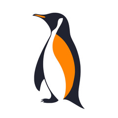 Fototapeta premium Stylized penguin illustration with orange and dark blue colors, minimalist design, standing profile view, isolated on white background, representing wildlife and nature