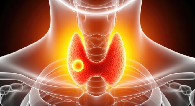 Thyroid gland, human anatomy with illuminated inflammation and nodule, symbolizing thyroid disease, medical pathology, endocrine system health, and diagnosis challenges