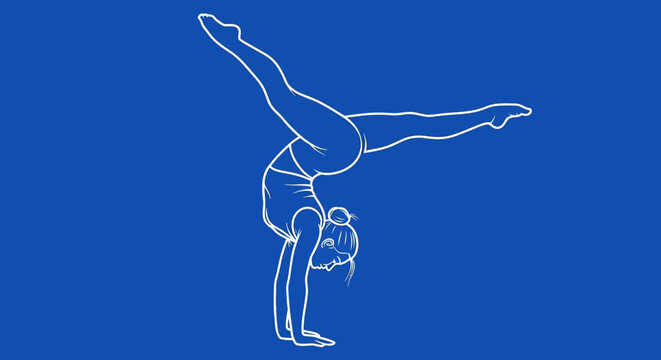 Gymnast gracefully performing a handstand split in a stylized line art illustration on a blue background