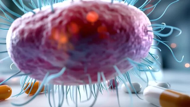Abstract 3D render visualization of a drug resistant bacterial superbug evolving in a bright clinical illustration style the bacterium rendered as a vivid oversized cell towering