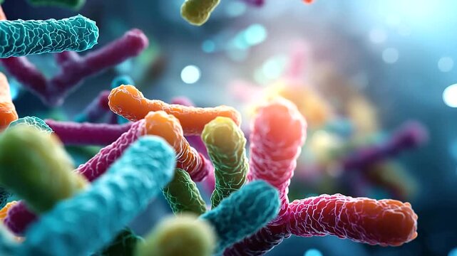 Abstract 3D visualization of the human microbiome landscape a vivid diverse community of beneficial microorganisms in multiple shapes and colors coexisting in a glowing