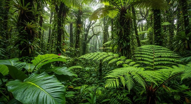 Lush ferns and trees thrive in a dense tropical forest ecosystem outdoors