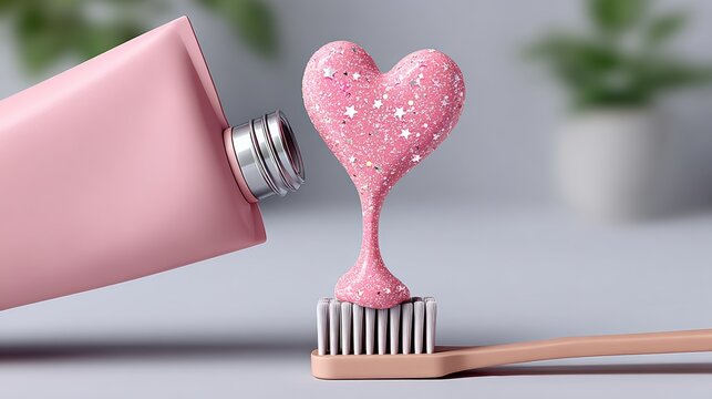 Pink toothpaste squeezes onto heart-shaped brush. Sparkly paste drips from tube onto toothbrush. Soft-focus background with green plant. Sweet, romantic, and playful dental care theme