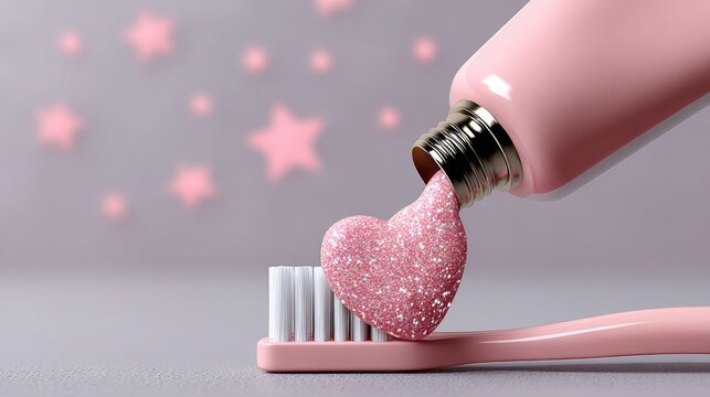 Pink toothpaste tube squeezes glittery heart onto toothbrush. Soft pastel tones and starry background evoke sweetness. Ideal for romance, Valentine's Day, or dental care themes
