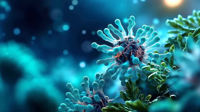 Abstract digital art composition of a vivid electric blue pattern of bacteria and cells multiple microorganism forms creating an intricate underwater garden aesthetic vivid teal