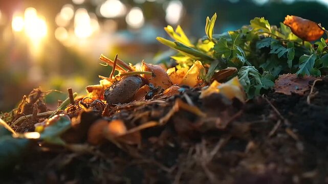 Close up of a community compost pile section illuminated by warm golden hour sunlight vivid organic material in multiple stages of decomposition visible the biological