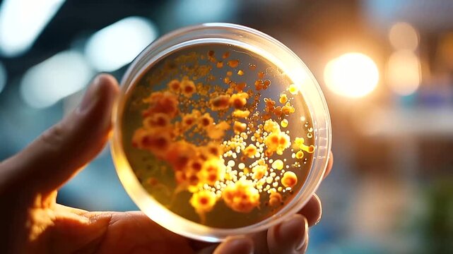Close up of a faceless scientist's hand from above holding a bright petri dish displaying a vivid orange bacterial culture growth the vivid colony color and fine colony