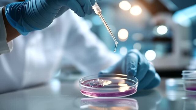Close up of faceless laboratory technician hands from above at a bright microbiology workstation a wire inoculation loop visible in one gloved hand transferring