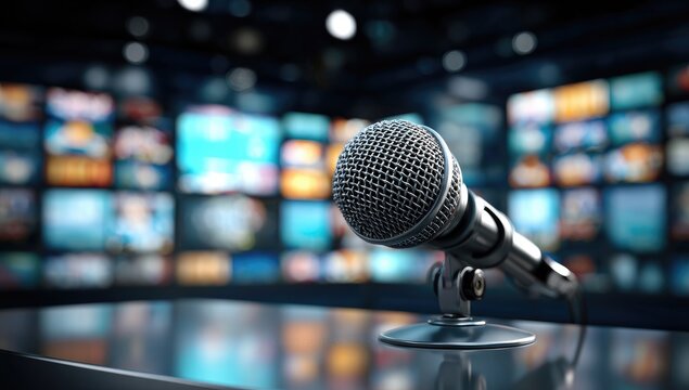 Microphone on a desk in a television studio with screens in the background.
