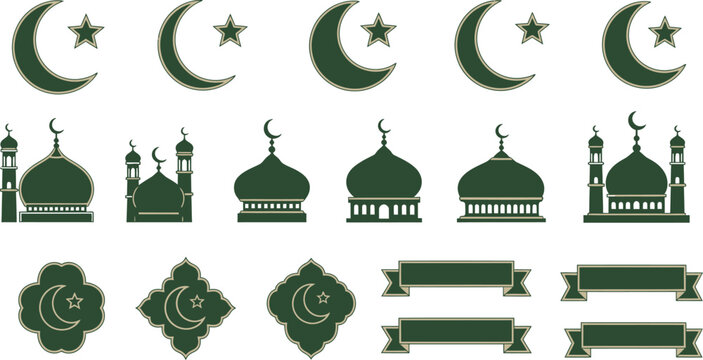 Collection of dark green Islamic symbols moons stars mosques and banners