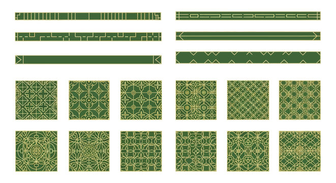Collection of geometric borders and square tile patterns in gold on deep green