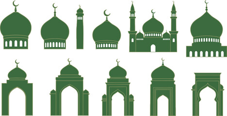 Collection of green Islamic mosque domes minarets and arch entryways © Julian Vance