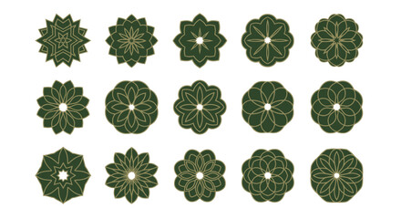 Fifteen dark green and gold geometric floral mandalas arranged in three rows © Julian Vance