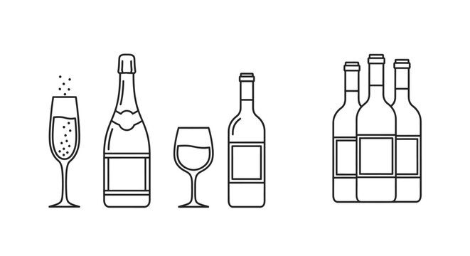minimalist vector icons depicting champagne and wine bottles with glasses suitable for drink menus or celebration themes.