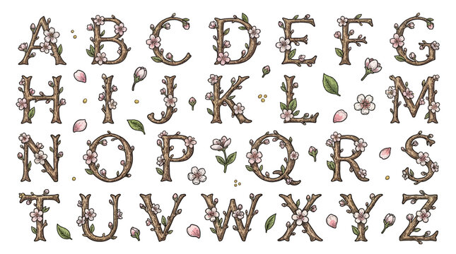Spring floral alphabet with hand drawn cherry blossoms and wooden tree branches, decorative vintage font vector illustration
