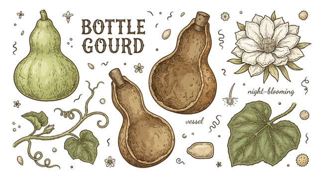 Vintage botanical vector illustration of bottle gourd set with seeds, dried vessel, night-blooming flower, and leaves. Hand-drawn calabash plant elements in engraving style.