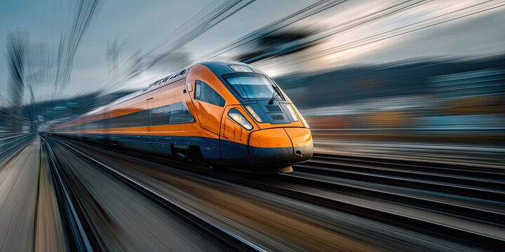 High-speed orange train moving rapidly on tracks with motion blur effect.