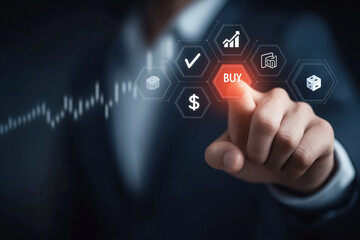 Fototapeta premium A suited businessman presses a glowing red buy button surrounded by digital financial investment hexagon icons.