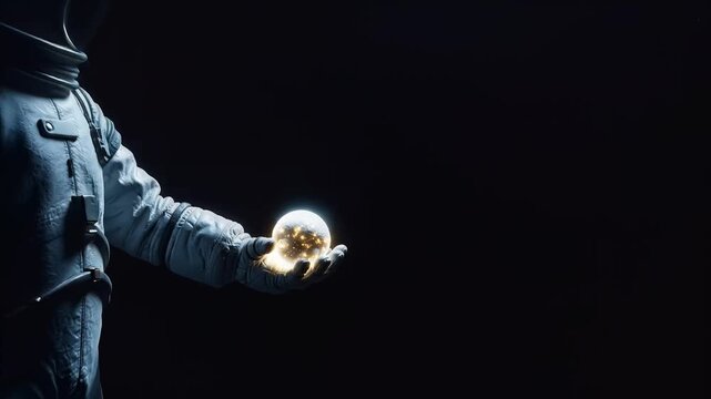 Astronaut, glowing orb with golden sparks, futuristic space setting, symbolizing exploration and discovery