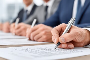 Naklejka premium A focused view of business professionals diligently signing important documents, emphasizing teamwork and collaborative decision-making during a critical corporate meeting.