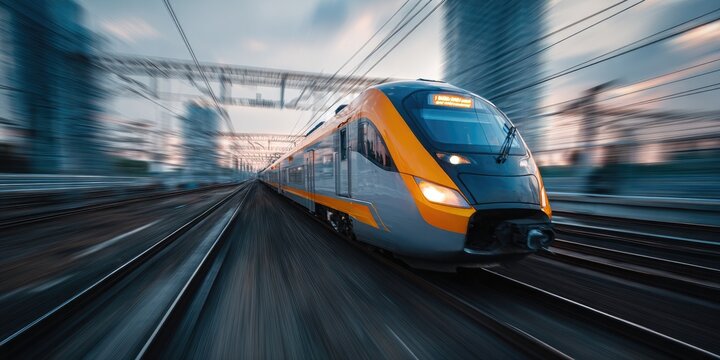 High-speed train traveling on tracks with motion blur effect.