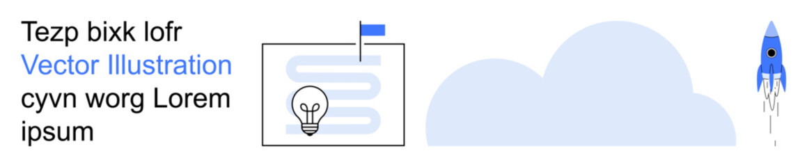 Innovation, creativity, business planning, achievement, progress, future goals. Light bulb, flag cloud and rocket in a visual layout. Innovation and creativity concepts © robu_s