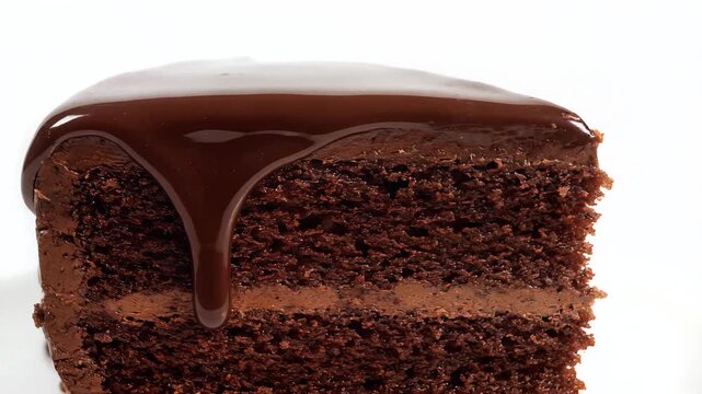 Chocolate cake slice, rich chocolate glaze dripping down, decadent dessert, symbolizing indulgence and luxury