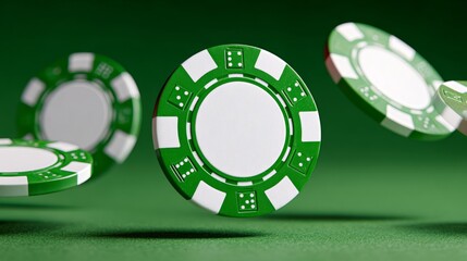 Naklejka premium Green poker chips float mid-air on a felt surface. Chips show white and green patterns with blank centers. Image suggests high-stakes gambling or casino themes. Perfect for casino ads, game apps