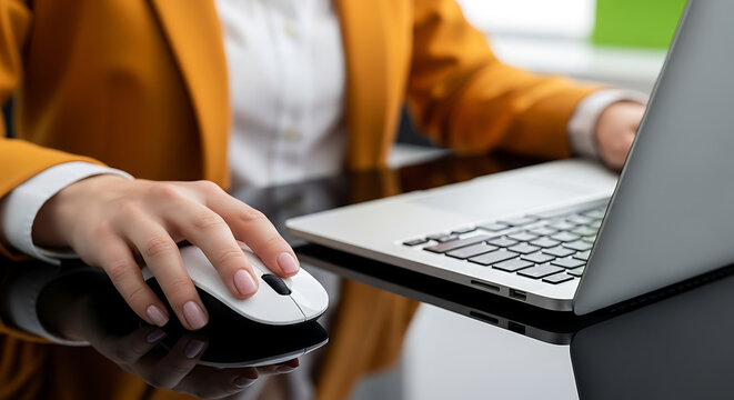 Close-up of a person's hands using a computer mouse and laptop, focused on productivity and digital tasks