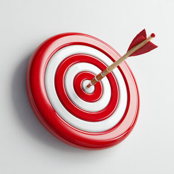 Minimalist bullseye target with arrow hitting center, marketing success concept isolated on white background
