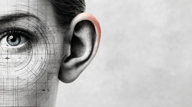 Human ear and eye close-up, half-face view. Grid pattern overlays skin texture. Focus on listening and perception. Suggests technology, communication, or surveillance themes