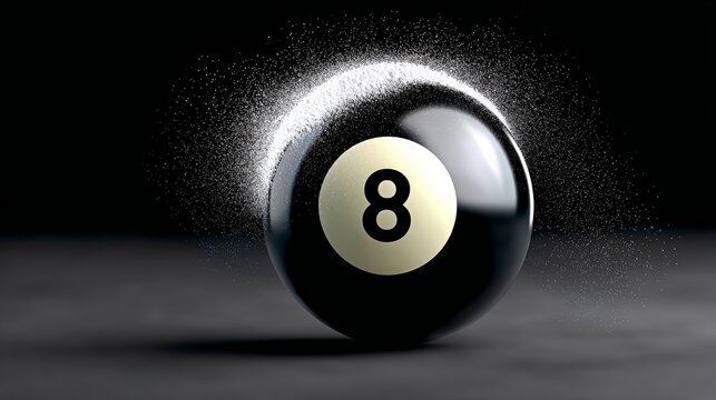 Black eight-ball in motion, dust particles flying around it. Smooth surface reflects light, highlighting glossy texture. Classic pool game symbol, representing challenge or climax