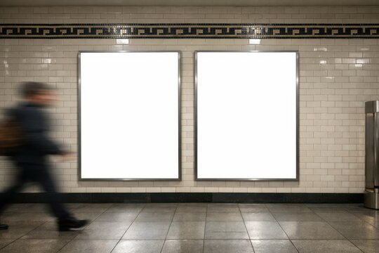 blurred man walking past two blank vertical billboards, white tiled subway station wall, significant empty space for text banner, concept of transit advertising marketing agency