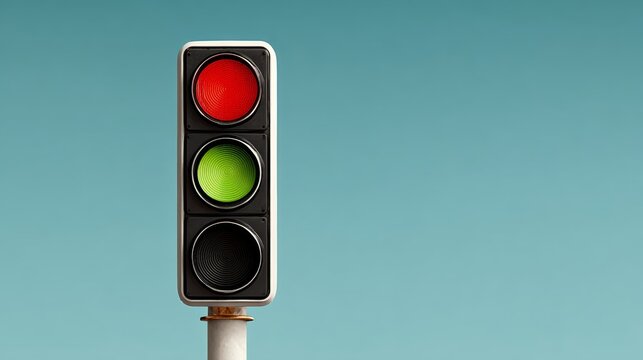 Traffic light stands against soft blue sky background. Red light glows brightly, signaling stop. Green light rests below, ready to signal go. This image works well for themes like safety, patience