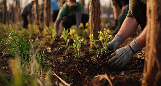 Community members planting flowers and trees in a park during sunset.