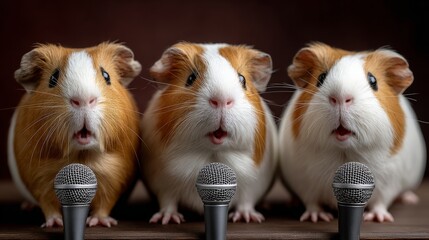 Fototapeta premium Three guinea pigs sit before microphones, mouths open as if singing. Their wide eyes and relaxed postures show playful curiosity. Ideal for music, comedy, or pet-related content