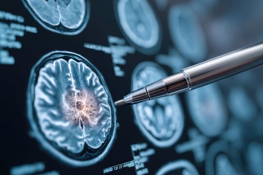 Medical imaging screen displays a brain scan with a pointed object highlighting an abnormality