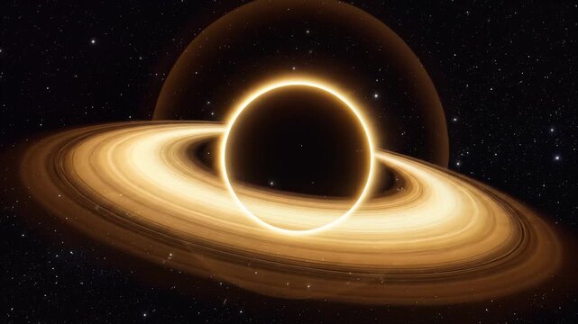 Glowing black hole, detailed visual of accretion disk and rings, set against a starry space background, symbolizing cosmic power and mystery, rotating shot.