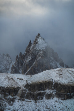 Snowy Mountain Peaks in Misty Weather