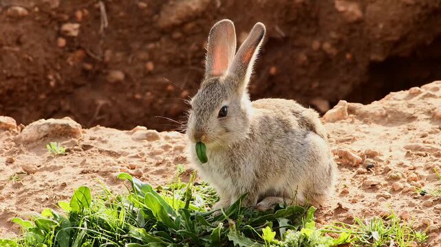 young little rabbit eating herbs at his hole, close 819
