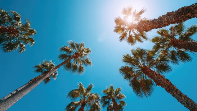 Vibrant Palm Trees Against a Clear Blue Sky with Bright Sunlight.