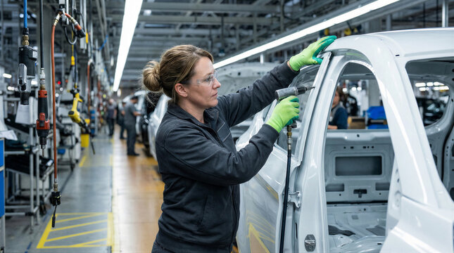 Female automotive worker using electric drill to assemble car body frame on assembly line in modern car factory