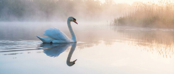 Obraz premium A graceful white swan swimming on a calm, misty lake during a serene sunrise with soft light and reflection