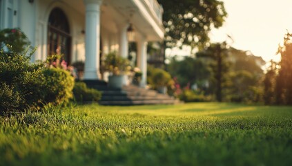 Obraz premium Beautifully manicured lawn in front of a grand estate at sunset.